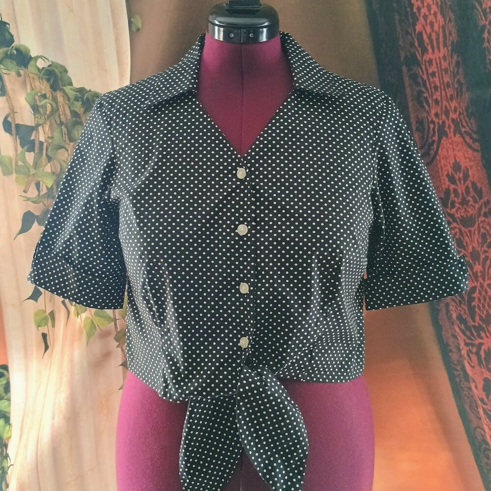EUC: Rafaella Sz 10P Black Polka Dot Retro Tie-Front Button Down Camp Top